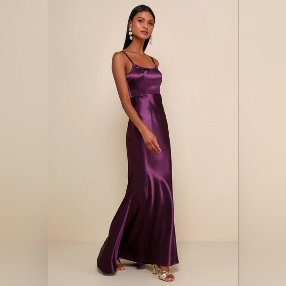Lulus Make You Shine Dark Purple Satin Mermaid Maxi Dress XS Wedding Party Prom - Picture 3 of 11